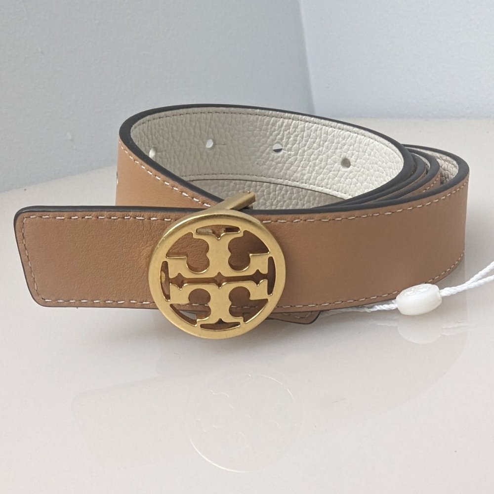 Tory Burch Reversible Logo Buckle Belt New Ivory Natural Vachetta Gold